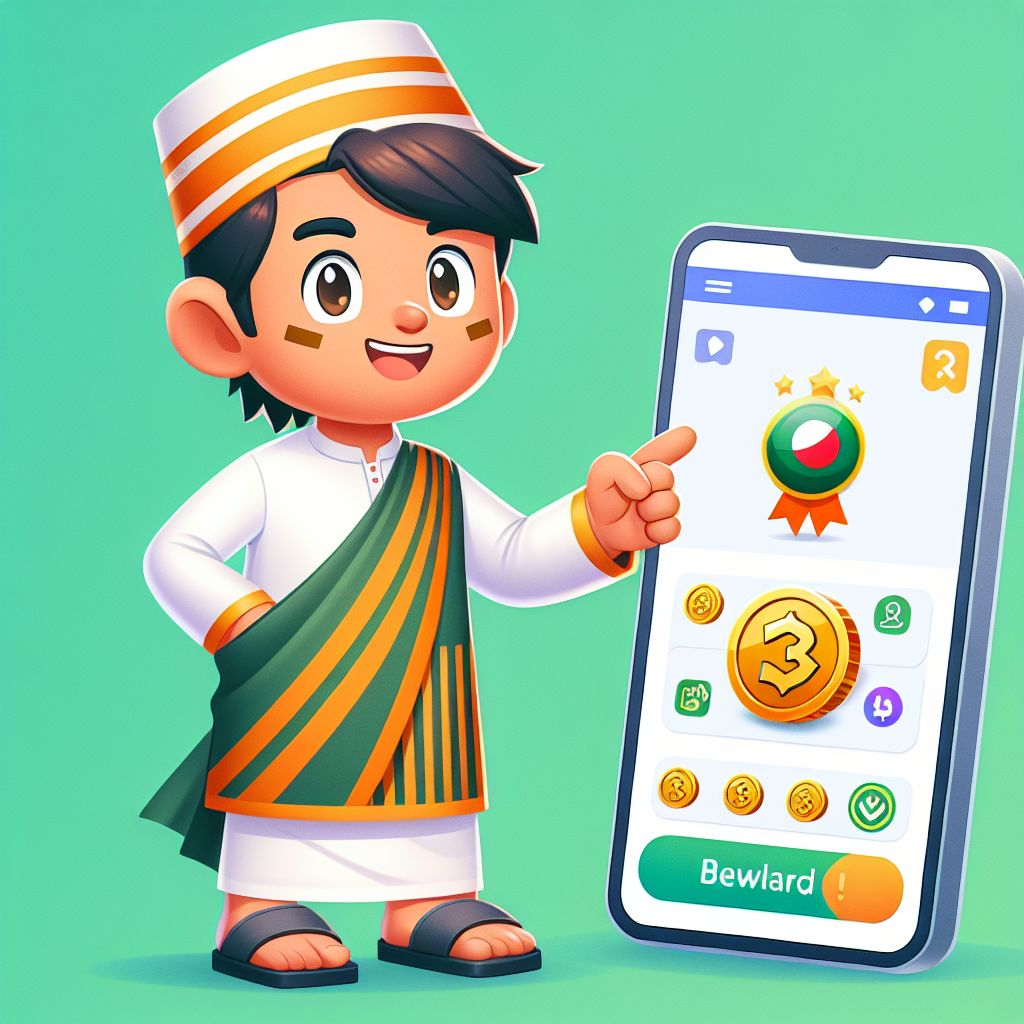 Taka11 themed cartoon character holding a smartphone with app interface and rewards