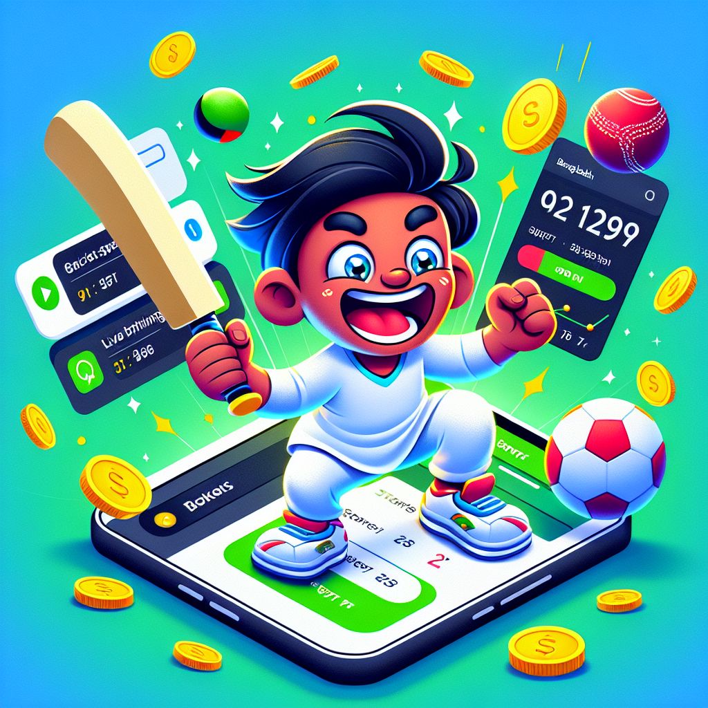 Taka11 themed cartoon bettor with a phone showing live odds and sports icons