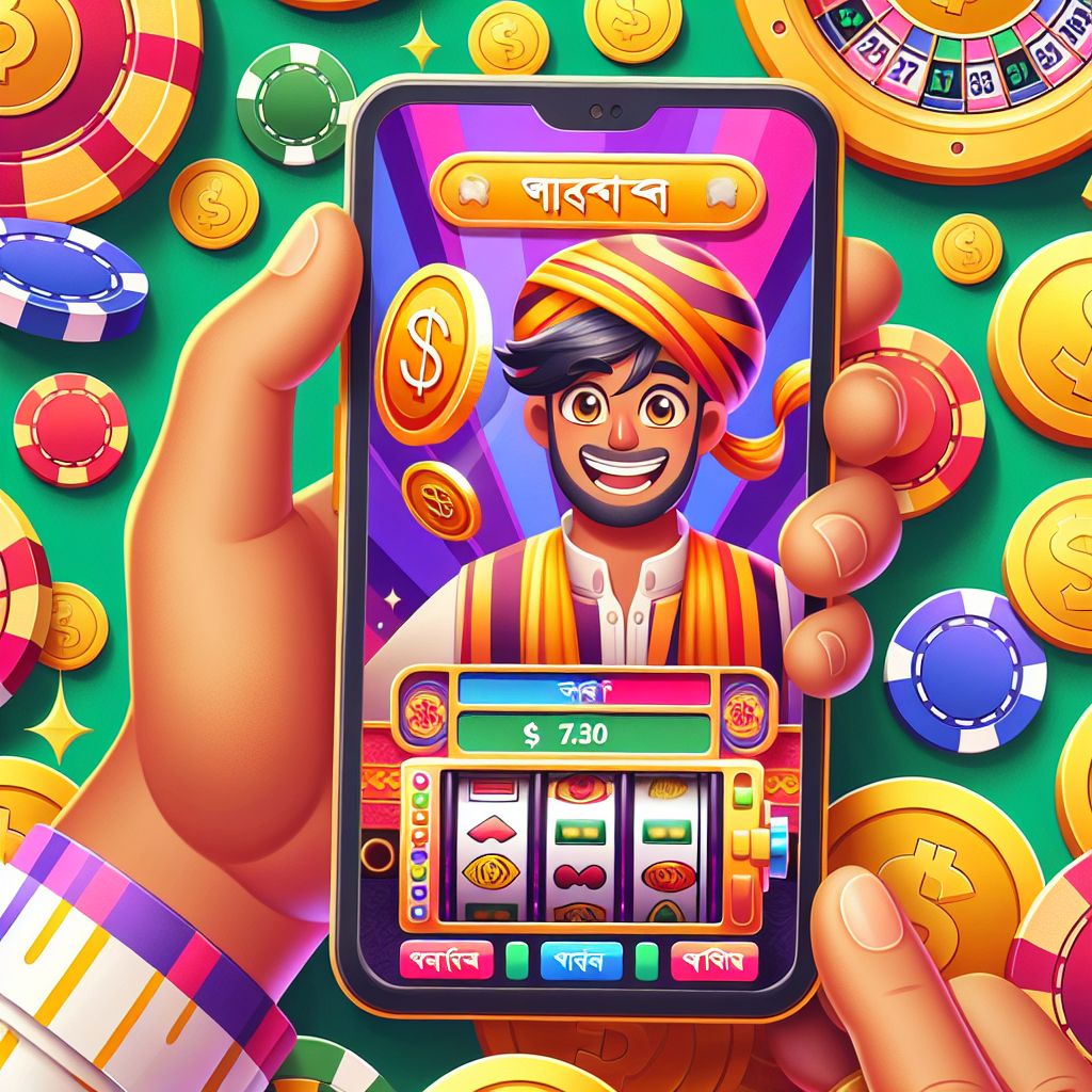 Taka11 casino cartoon character holding chips and a phone with slot reels