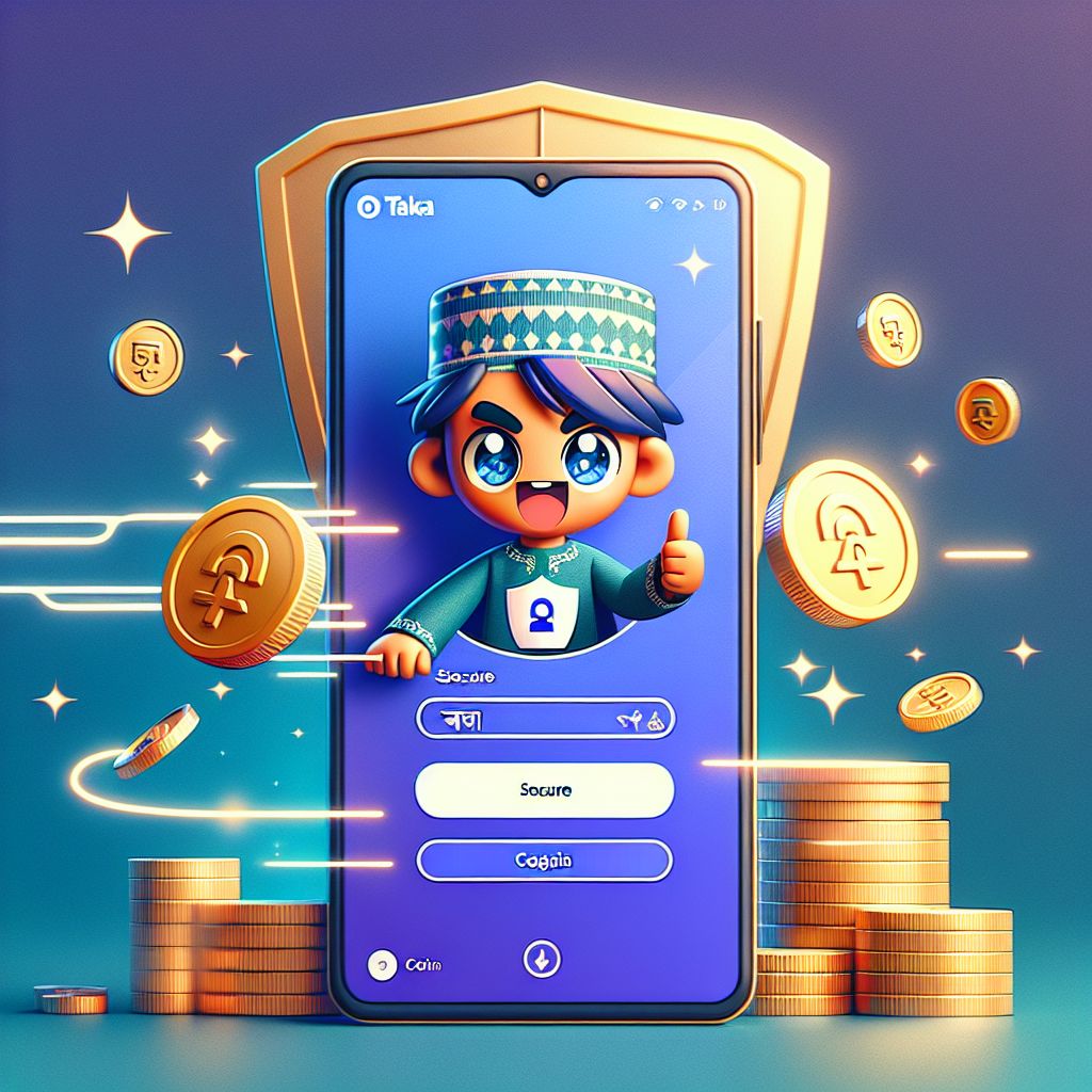 Cartoon character holding a phone with a secure login screen and Taka11 style coins