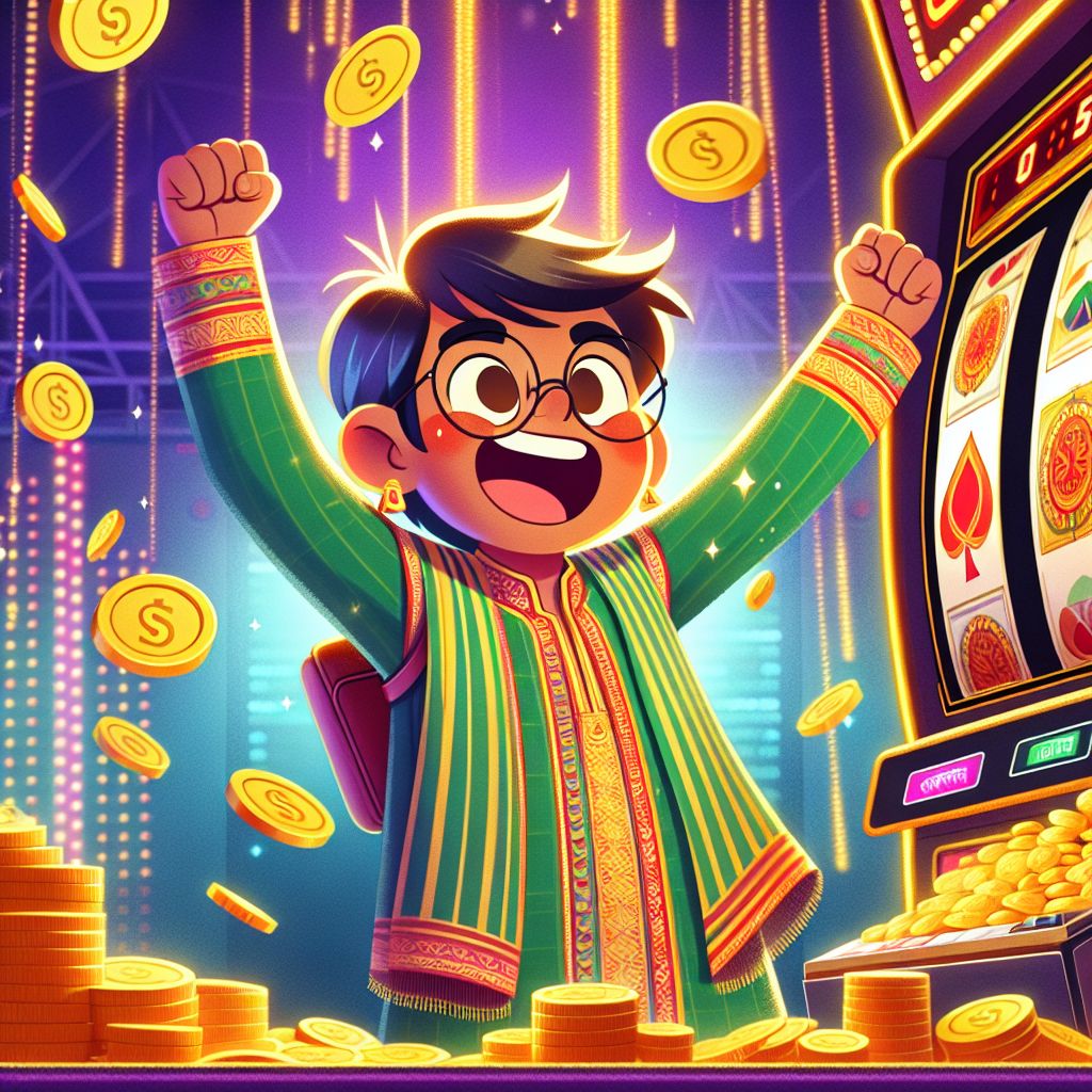 Taka11 themed cartoon character spinning slots with coins and jackpot lights